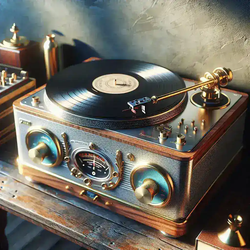 "Modern turntable with Bluetooth connectivity showcased in a stylish vintage-inspired setting, illustrating the blend of retro design and contemporary technology in audio equipment."